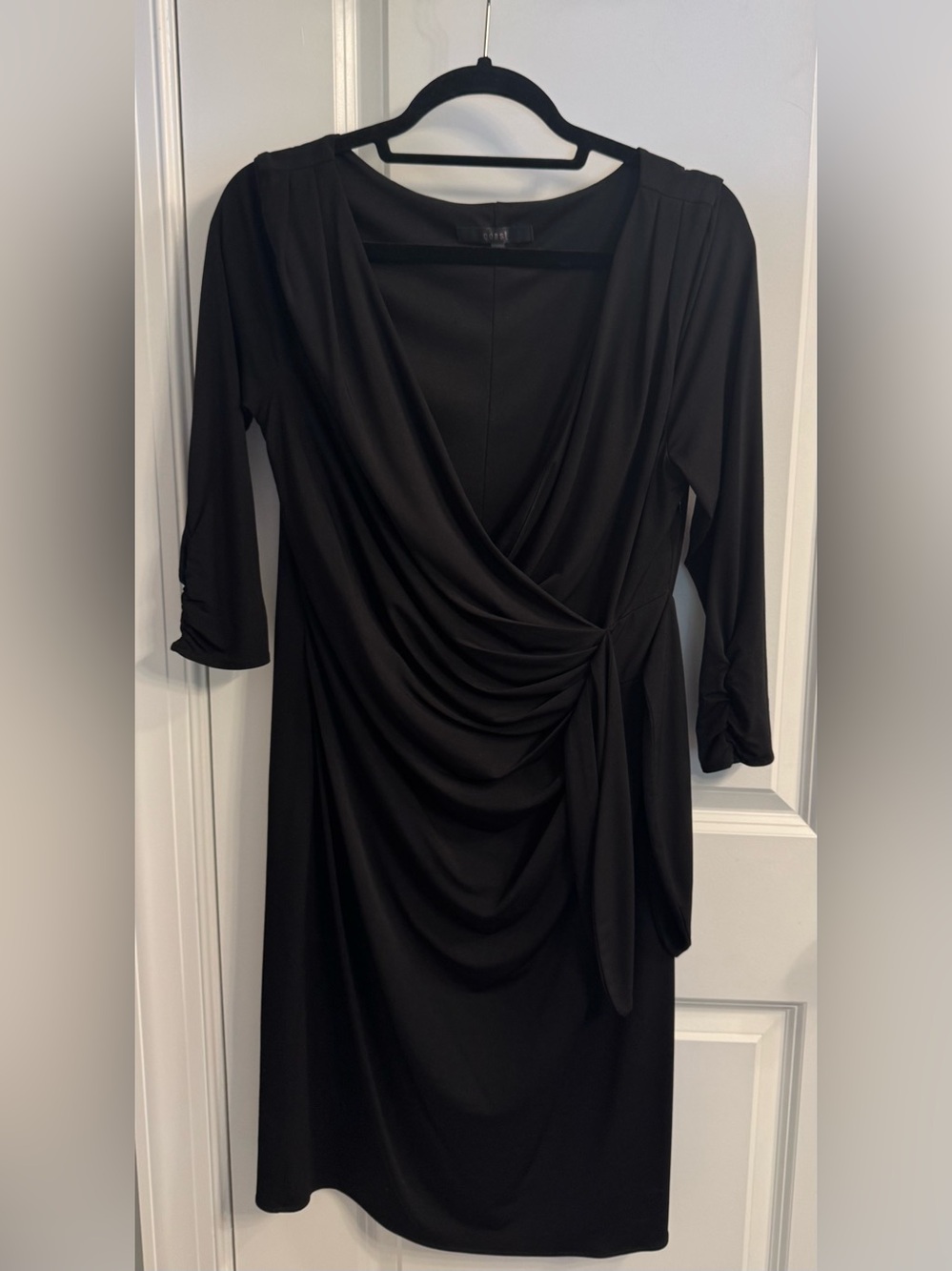 Coast London Black Faux-Wrap Gathered Cocktail Dress (Size UK 14)